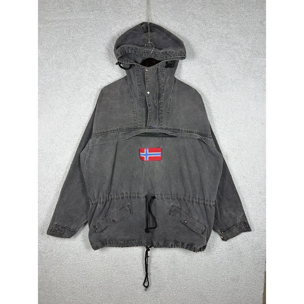 Vintage 90's J. Peterman Gray Denim Parka‎ Pullover Norway Flag Men's Size XL